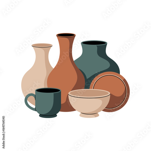 Collection of ceramic vases and bowls in muted earth tones pottery