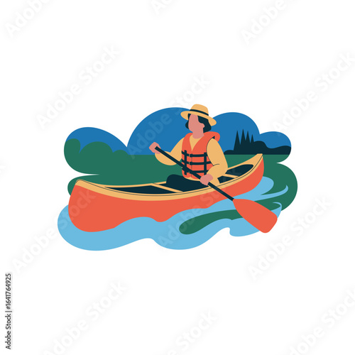 Person in orange life vest and straw hat paddling canoe on blue water kayaking