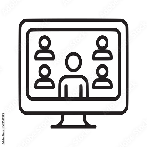 A desktop computer displaying a video conference with five participants in a simple line drawing style