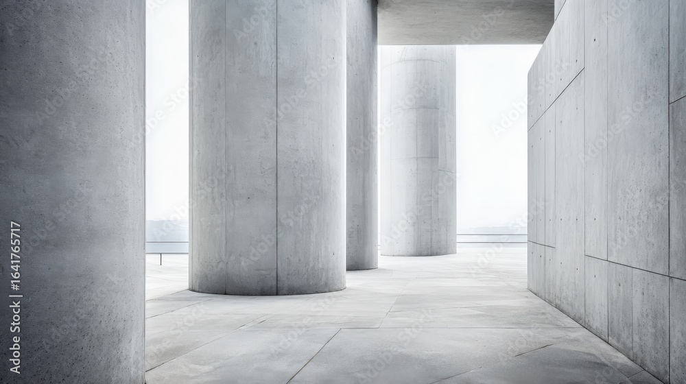Fototapeta premium Modern architecture featuring cylindrical concrete columns and minimalist design, conveying strength, stability, and industrial aesthetic.