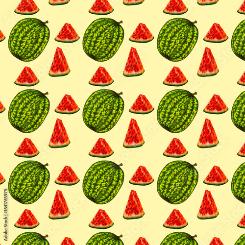 
Summer Watermelon Fruit Repeating Pattern Illustration. Fresh Watermelon Pattern for Summer Food Design. Seamless pattern of whole watermelons and red watermelon slices on light yellow background