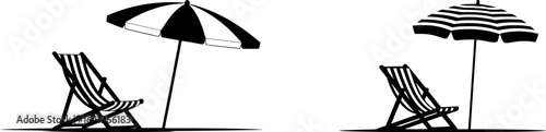 Black and white beach chairs and umbrellas illustration vector