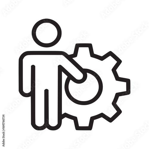 A simple line drawing of a person standing next to a gear on a white background in black outline