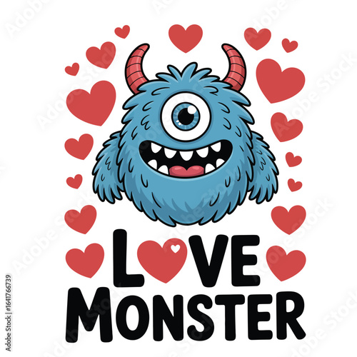 Black and white vector of a cute furry one-eyed monster with hearts and playful love monster text design