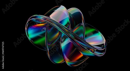 Iridescent Glass Knot Sculpture on Black Background  Abstract Art Modern Design Colorful Reflection Decorative Element
