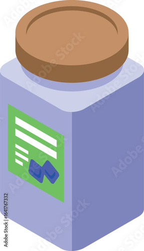 Glass jar with brown lid and green label containing blueberry jam, isometric view