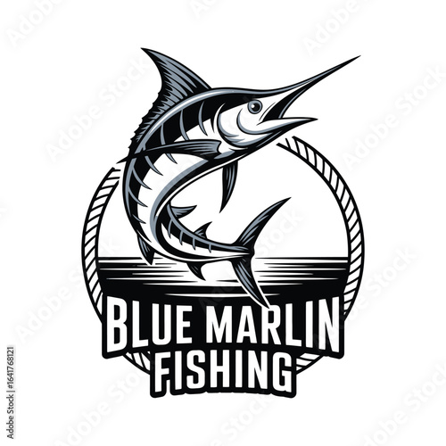 Blue marlin fishing logo with sport fishing emblem vector isolated black and white for marine and outdoor adventure branding