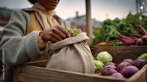 Woman Gently Places Produce in Linen Bag
