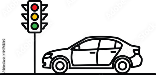 Line art illustration of a car waiting at a traffic light on the road