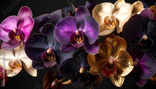 Vibrant orchid blossoms on black background