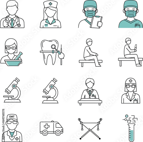 Collection of healthcare and medical line icons. Doctor, nurse, and lab symbols.