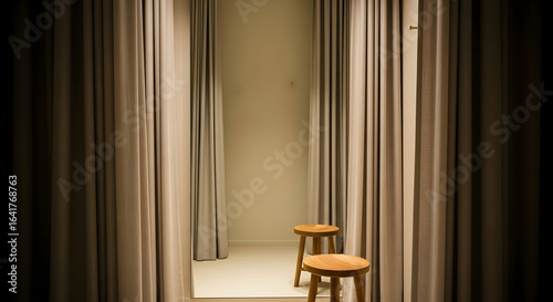 Empty fitting room with soft lighting features two wooden stools surrounded by beige curtains
