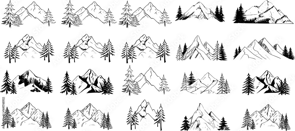 Fototapeta premium Mountain range and pine tree sketches mountains trees