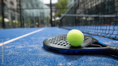 A lime tennis ball sits on a black paddle on a textured blue court in front of a black net