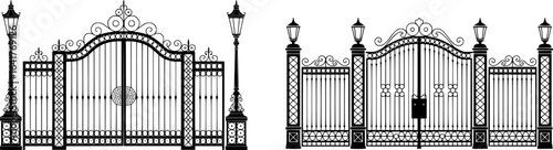 Ornate black iron gates with lampposts decorative