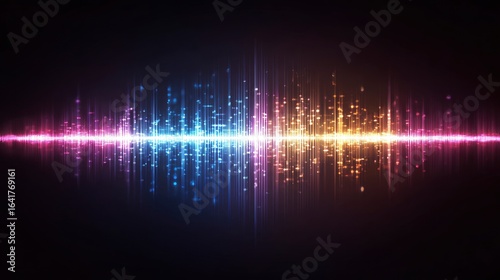 A luminous horizontal waveform pulses with vertical lines and dot accents radiating from a central axis in a dark background