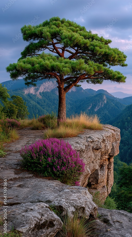 Obraz premium Majestic Tree on Cliff during Cinematic Sunrise