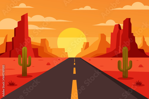 Business vector illustration of an asphalt highway in the desert at sunset with clouds and a city silhouette in the distance
