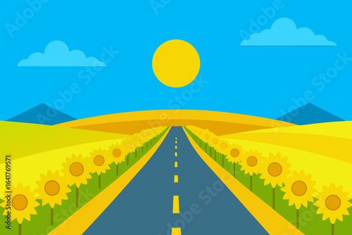 A sunlit asphalt highway winds through a rural landscape of green fields and rolling hills under a vast summer sky