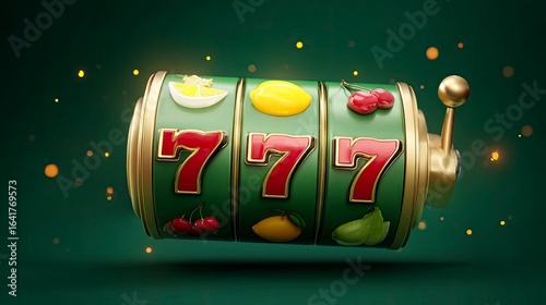 A slot machine with matching 7s on a green background with gold trim and a lever