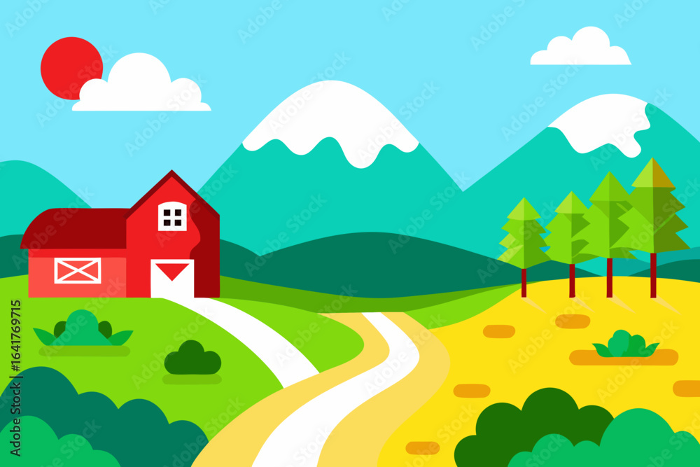 Fototapeta premium A vibrant cartoon summer rural landscape with houses, green fields, and a bright blue sky