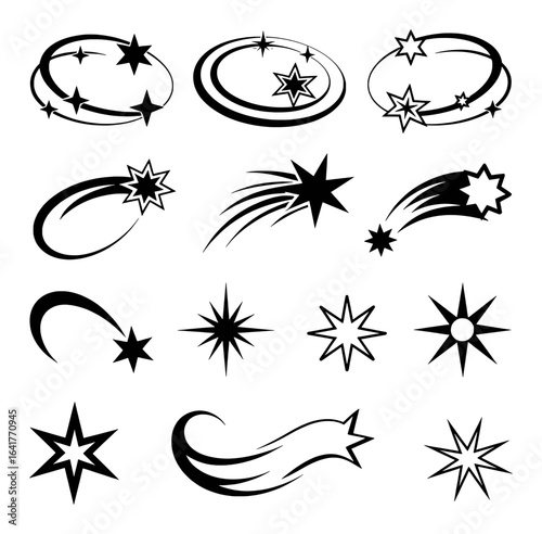 Black starbursts and shooting stars graphic elements comet streak
