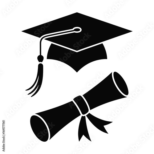Diploma tied with ribbon under graduation cap silhouette academic award black vector isolated on white background