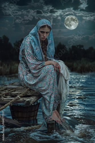 Moonlit Reverie: A Woman by the Water's Edge