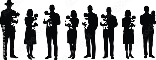 Silhouettes of parents holding babies, family bonding, parental love, newborn care, motherhood, fatherhood, family connection, parenting moments, baby care, loving parents, family togetherness, 