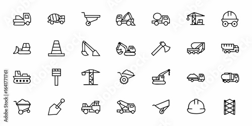 Construction Vehicle and Heavy Equipment Vector Bundle – Minimalist Line Art Excavators, Loaders, Cranes, and Roadwork Machines for Professional Design