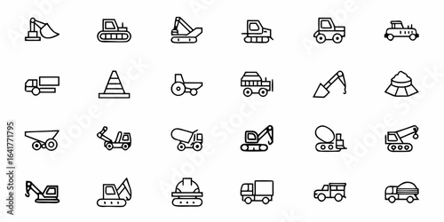 Minimalist Construction Machinery Icon Set – Outline Vector Cranes, Excavators, Loaders, and Roadwork Vehicles for Industrial and Engineering Design