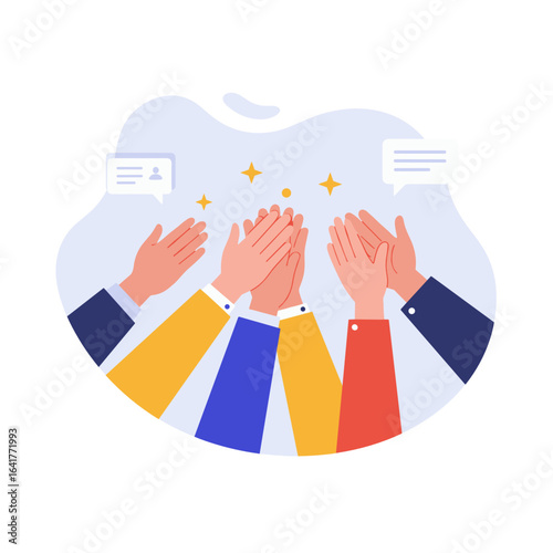 Hands clapping in celebration surrounded by speech bubbles and stars  