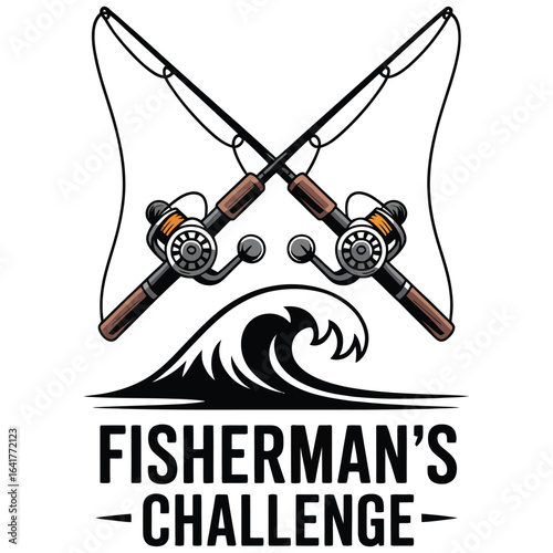 Fishing tournament logo with rod, reel, and ocean wave vector isolated black and white for sport and outdoor event branding