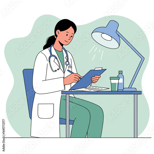 Female doctor sitting at desk and writing on clipboard in office  