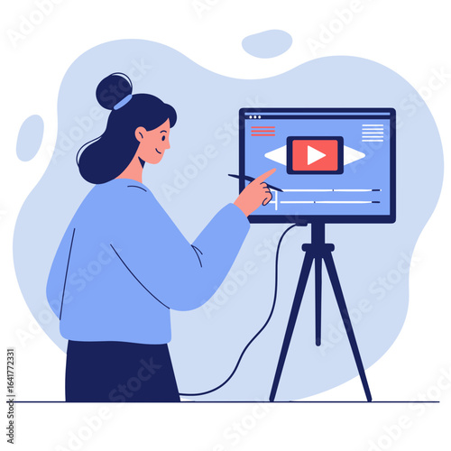 Young woman presenting video content on monitor with pointer  