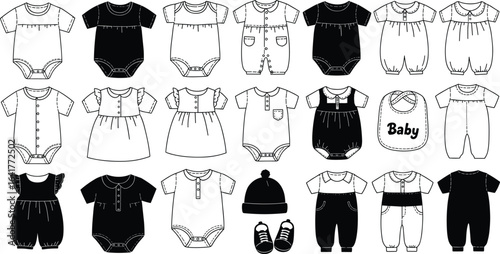 Collection of baby clothes icons, onesies, rompers, dresses, bibs, hats, shoes, newborn apparel, infant fashion, cute baby outfit designs, essentials for newborns, baby clothing set