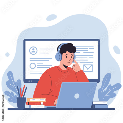 Young man studying while using laptop at home with headphones  