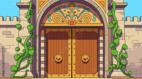Ornate wooden double doors set within a stone castle facade, featuring decorative carvings and green vines climbing the walls, suggesting an entrance to a grand building