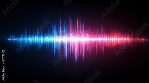 Luminescent soundwave pattern radiates blue pink and red on a dark background