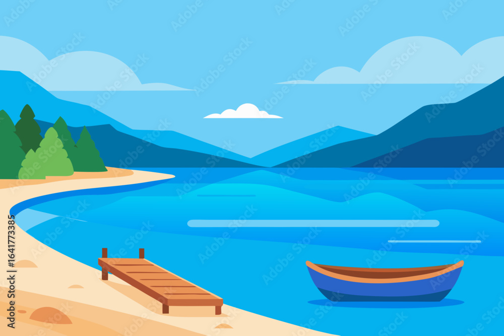Naklejka premium A clear turquoise bay with a boat and mountains on a Greek island