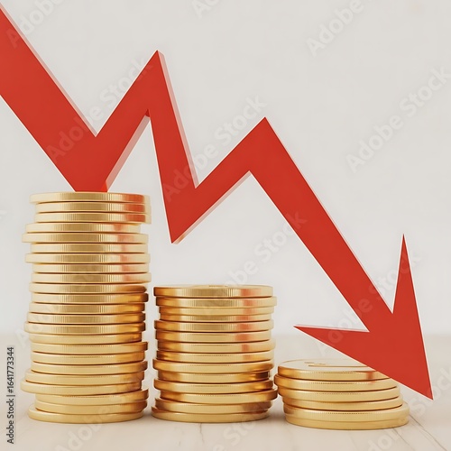 Red downward arrow graph over decreasing stacks of gold coins