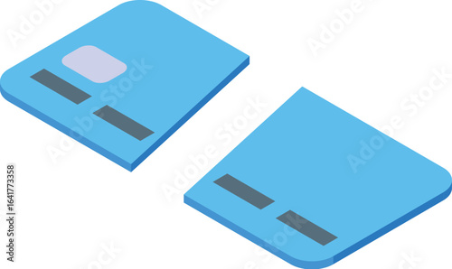 Two blue credit cards are laying on a white background, one showing the front and the other showing the back