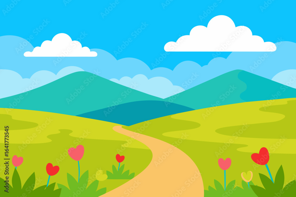 Fototapeta premium Green hills and meadows under a vibrant blue sky with fluffy white clouds, a quintessential summer landscape illustration