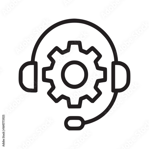 A black outline icon of a headset with a gear in the middle on a white background illustration