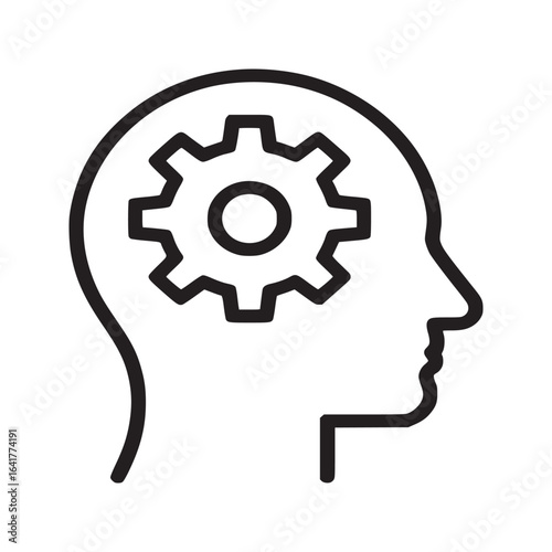 Outline of a head with a gear inside representing thinking processing and problem solving concept idea