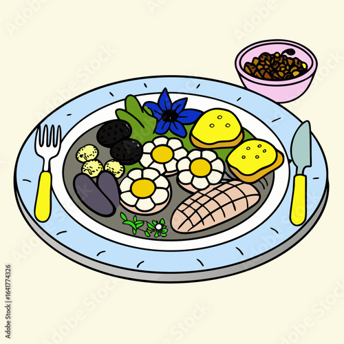 Colorful breakfast plate with eggs, vegetables and toast, hand-drawn style, cheerful food illustration