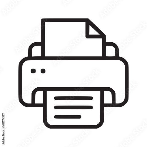 A simple black and white line drawing icon of a printer with paper being printed out of it