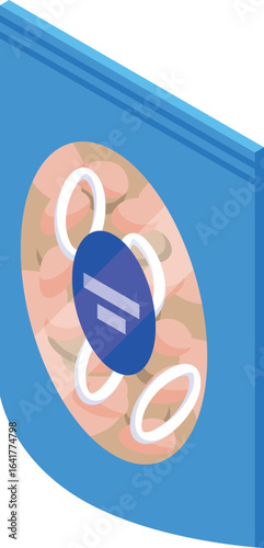 Vacuum pack blue bag containing food product, possibly onion rings, presented with isometric projection
