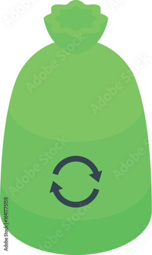 Closed green recycling garbage bag with recycle symbol, promoting environmental awareness and waste management