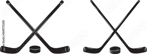 Two crossed hockey sticks and pucks silhouette